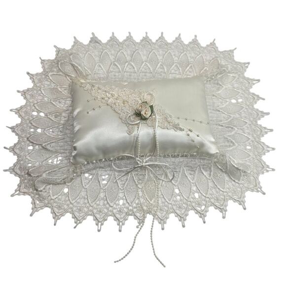 Ivory Satin & Embroidered Lace Wedding Ringbearer Pillow, Flower, Bead Work - Picture 1 of 7